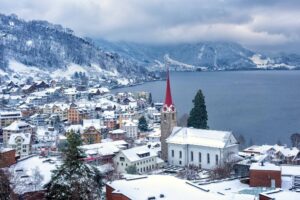 small Lake Lucerne red spire